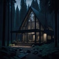 Modern Glass Cabin House Exterior, Large Windows, Deep Mountain Woods, Soft Warm Light From Windows, Night, Generative Ai Royalty Free Stock Photo