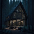 Modern Glass Cabin House Exterior, Large Windows, Deep Mountain Woods, Soft Warm Light From Windows, Night, Generative Ai Royalty Free Stock Photo