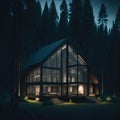 Modern Glass Cabin House Exterior, Large Windows, Mountain Forest View, Night, Reflective Windows, Generative Ai Royalty Free Stock Photo