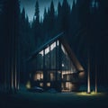 Modern Glass Cabin House Exterior, Large Windows, Mountain Forest View, Night, Reflective Windows, Generative Ai Royalty Free Stock Photo