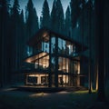 Modern Glass Cabin House Exterior, Large Windows, Mountain Forest View, Night, Reflective Windows, Generative Ai Royalty Free Stock Photo