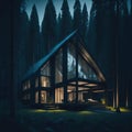 Modern Glass Cabin House Exterior, Large Windows, Mountain Forest View, Night, Reflective Windows, Generative Ai Royalty Free Stock Photo