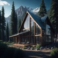 Modern Glass Cabin House Exterior, Large Windows, Mountain Forest View, Sunny day, Reflective Windows, Generative Ai Royalty Free Stock Photo