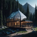 Modern Glass Cabin House Exterior, Large Windows, Mountain Forest View, Sunny day, Reflective Windows, Generative Ai Royalty Free Stock Photo