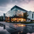 modern glass and concrete factory style corporate building