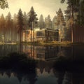 modern glass house on a lake, surrounded buy pine trees Royalty Free Stock Photo