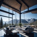 Modern Glass Luxury Villa House Exterior, Large Windows, Mountain Forest View, large Cozy Veranda Furnishing, Sunny Day, Royalty Free Stock Photo