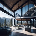 Modern Glass Luxury Villa House Exterior, Large Windows, Mountain Forest View, large Cozy Veranda Furnishing, Sunny Day, Royalty Free Stock Photo