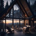 Modern Glass Luxury Villa House Exterior, Large Windows, Mountain Forest View, large Cozy Veranda Furnishing, Sunset, Reflective Royalty Free Stock Photo