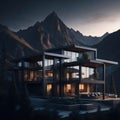 Modern Glass Luxury Villa House Exterior, Large Windows, Mountain Forest View, large Cozy Veranda Furnishing, Sunset, Reflective Royalty Free Stock Photo