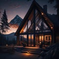 Modern Glass Luxury Villa House Exterior, Large Windows, Mountain Forest View, large Cozy Veranda Furnishing, Sunset,Generative Ai Royalty Free Stock Photo