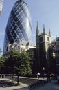 Swiss Re and Church spires Bank London UK 2003 Royalty Free Stock Photo