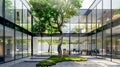 Modern Glass Office Building with Central Courtyard and Lush Tree. Urban Architectural Design Blending Nature and Royalty Free Stock Photo