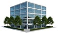 Modern glass office building with green trees and white background architecture Royalty Free Stock Photo