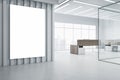 Modern glass office interior with reception desk, blank white mock up banner, and window with city view. Office lobby and waiting Royalty Free Stock Photo