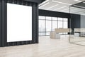 Modern glass office interior with reception desk, blank white mock up poster, and window with city view. Office lobby and waiting Royalty Free Stock Photo