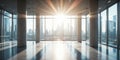 Modern Glass Office Interior Sunlight A wide-angle shot captures a spacious, empty modern office interior bathed in bright morning Royalty Free Stock Photo