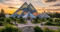 Muttart Conservatory at Golden Hour with Edmonton Skyline Royalty Free Stock Photo