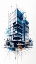 Modern Glass Skyscraper with Blue Watercolor Abstract Design on White Background Royalty Free Stock Photo