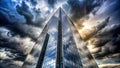 A modern glass skyscraper reflecting a dramatic cloudy sky, a stunning architectural marvel underneath a tempestuous atmosphere. Royalty Free Stock Photo