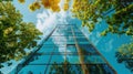 Looking Up: Modern Glass Office Building with Green Trees and Blue Sky Royalty Free Stock Photo