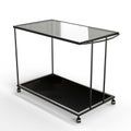 Modern glass-top table on wheels with a black mesh base on a white background, 3D rendered