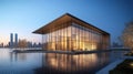 Modern Glass Waterfront House at Dusk with City Skyline