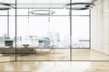 Modern glass and wooden meeting room office interior with panoramic city view. Royalty Free Stock Photo