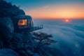 A modern glasshouse amidst snow-covered trees, under vibrant dawn sky. A cozy cabin lit up on a snowy mountain at dusk. Glamping Royalty Free Stock Photo