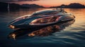 Modern glossy futuristic private yacht at sunset