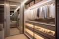 Modern glossy white walk in closet, minimal walk in wardrobe dressing room interior design. generative ai Royalty Free Stock Photo