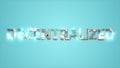 Modern glowing cybernetical text DECENTRALIZED on blue backdrop - abstract 3D rendering