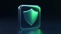 Modern glowing green shield icon for tech projects, symbolizing online security and privacy on a dark background with a sleek Royalty Free Stock Photo
