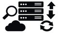 Modern glyph icon set featuring server racks, a cloud, and data transfer symbols for IT operations Royalty Free Stock Photo
