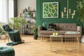 Modern gold and green living room design