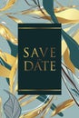 Modern golden green palm texture. Wedding invitation, save the date card in green colors with gold foil. Summer vector template.