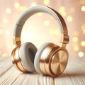 modern golden headphones on light pastel bokeh background