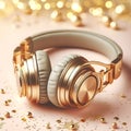 modern golden headphones on light pastel bokeh background