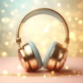 modern golden headphones on light pastel bokeh background