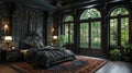 Modern Gothic bedroom with dark colors and dramatic decor3D render Royalty Free Stock Photo