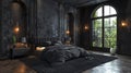 Modern Gothic bedroom with dark colors and dramatic decor3D render Royalty Free Stock Photo