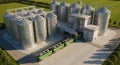 Modern grain elevator silos complex loading agricultural goods into green train wagons outdoors on a bright sunny day Royalty Free Stock Photo