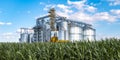 Modern Granary elevator. Silver silos on agro-processing and manufacturing plant for processing drying cleaning and storage of