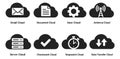 Modern graphic cloud computing icons set featuring email, document, gear, antenna, server, checkmark, stopwatch, and Royalty Free Stock Photo