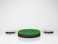 Modern Grass field Pedestal with two silver metallic podiums on white background.