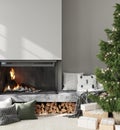 Modern gray Christmas interior with fireplace, Christmas tree and gifts, 3d render Royalty Free Stock Photo