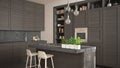Modern gray kitchen with dark wooden details in contemporary luxury apartment with parquet floor, vintage retro interior design,