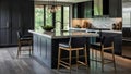 Modern gray kitchen features dark gray cabinetry paired with white quartz countertops and a glossy gray linear tile backsplash. Royalty Free Stock Photo