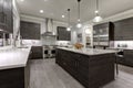 Modern gray kitchen features dark gray flat front cabinets paired with white quartz countertops Royalty Free Stock Photo