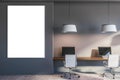 Modern gray open space office interior with poster Royalty Free Stock Photo